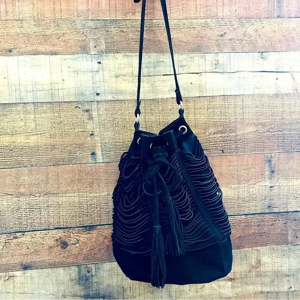 Raz Vintage Boho Genuine Leather Fringed Tassel Bucket Crossbody Bag